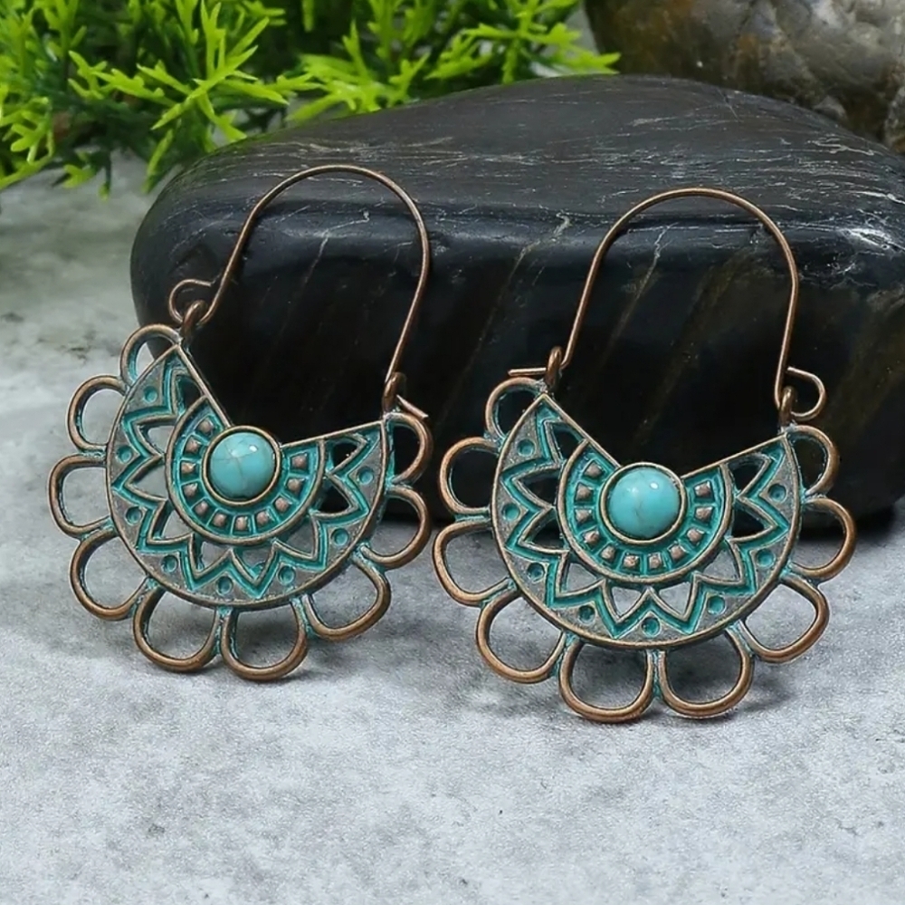 copper filigree turquoise earrings boho ethnic tribal